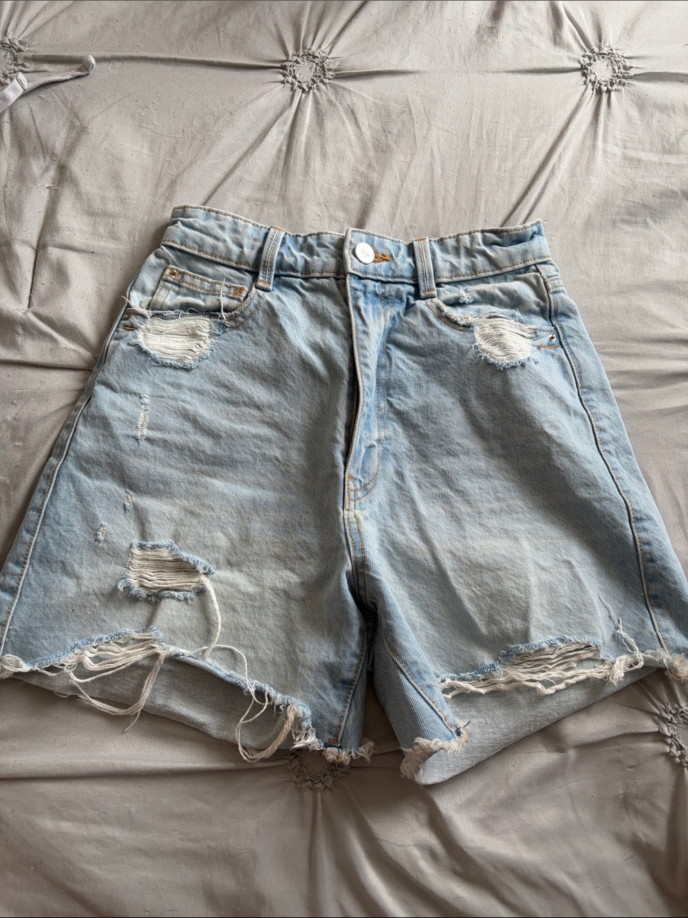 Zara High-Rise Light Blue Distressed Denim Shorts